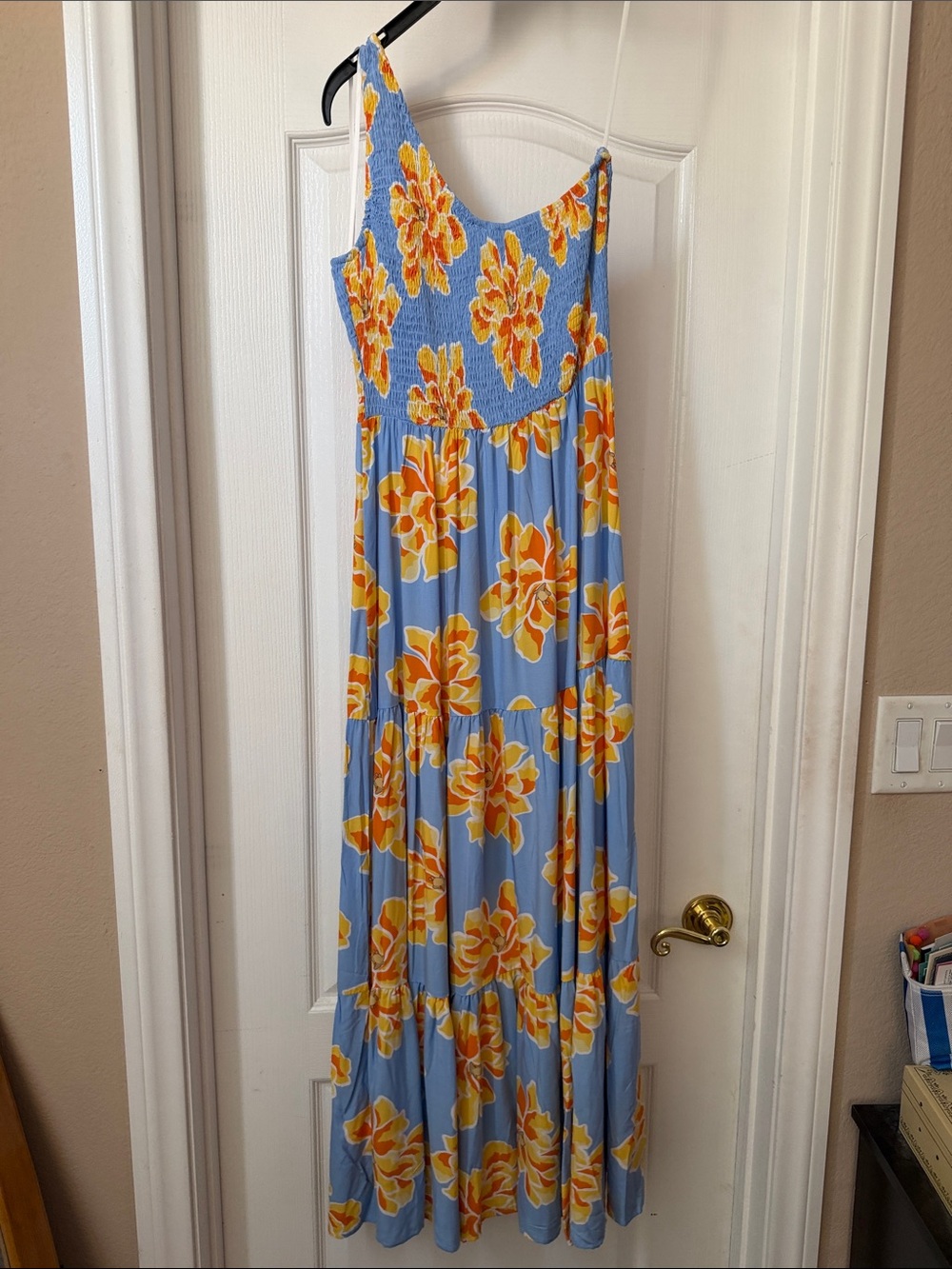 Sky Blue Maxi Dress with Yellow-Orange Floral Print - Picture 3 of 4